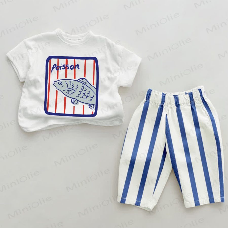 POISSON Baby Fish Blue Vertical Striped 2-piece Set